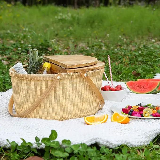 Nantucket Basket Crafts Cane-on-Cane Weave Picnic Basket Shopping Basket Basket Storage Basket Two Swing Handles (Ash Activity Double Open) by GreenHaven Gardens