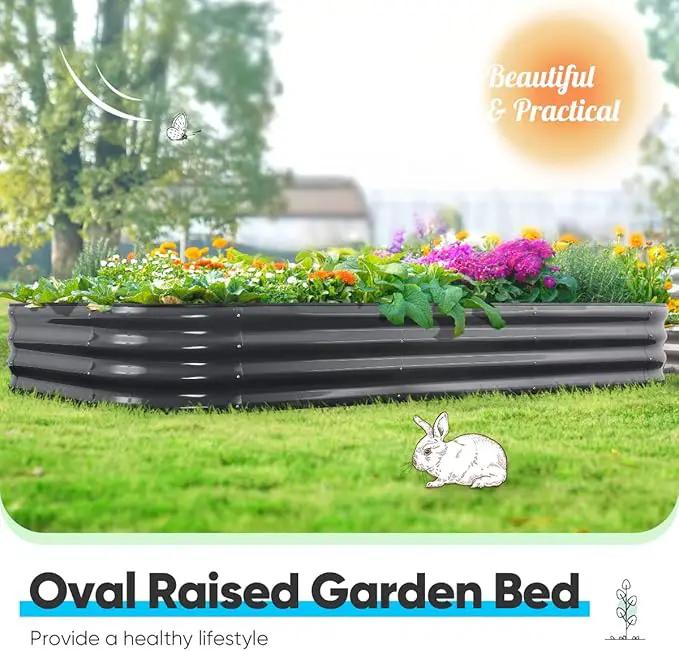 Quictent Galvanized Raised Garden Bed Kit, 8x4x1 ft Oval Metal Planter Box for Vegetables, Rubber Strip Edging Included (Dark Gray) by GreenHaven Gardens
