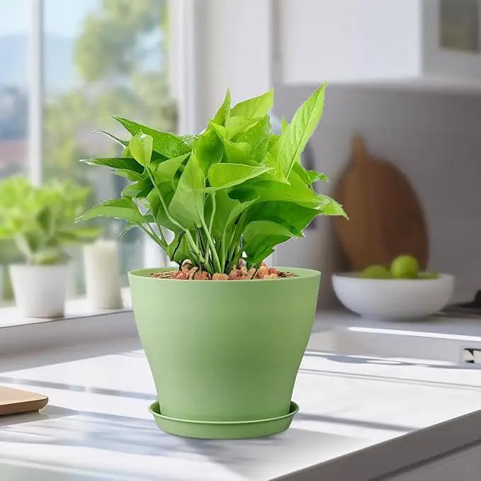 6 inch Plastic Nursery Pots,16 Pack Plant Pots for Small Indoor Outdoor Plants, Flower Pots with Drainage Holes and Saucers, Decorative Seedling Starter Planters for House Plants, Green by GreenHaven Gardens