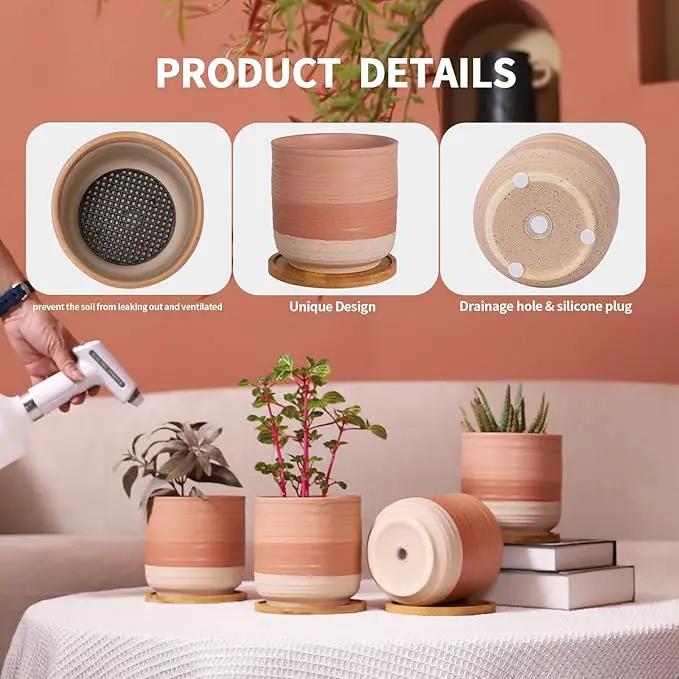 5.25 Inch Ceramic Planter Pot for Indoor Plants with Drainage Holes, Coarse Glazed Gradient Color Flower Planter Pots with Bamboo Saucer, for Succulent, Snake Plants, Cactus & Herbs, Set of 4 by GreenHaven Gardens