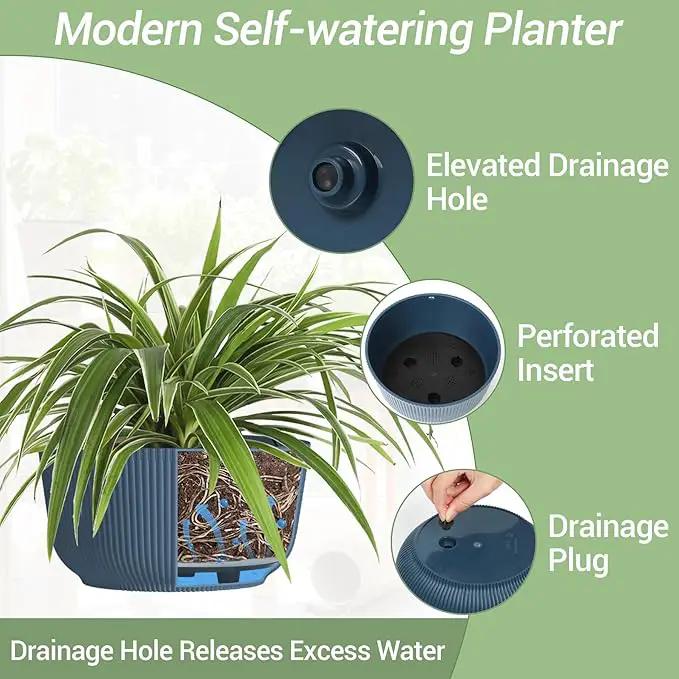 T4U 12 Inch Large Hanging Planters for Outdoor Plants, 2 Pack Self Watering Hanging Pots Indoor, Hanging Baskets for Plants,Hanging Flower Pot with Drainage Hole and Plant Hanger, Blue by GreenHaven Gardens