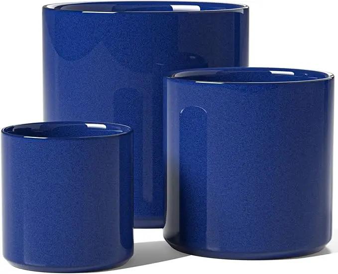 LE TAUCI Ceramic Plant Pots Indoor, 10+8+6 Inch Planters for Indoor Plants, Mid-Century Modern Flower Pots with Drainage Hole and Plug, Cylinder Round Planters, Set of 3, Sapphire Blue by GreenHaven Gardens