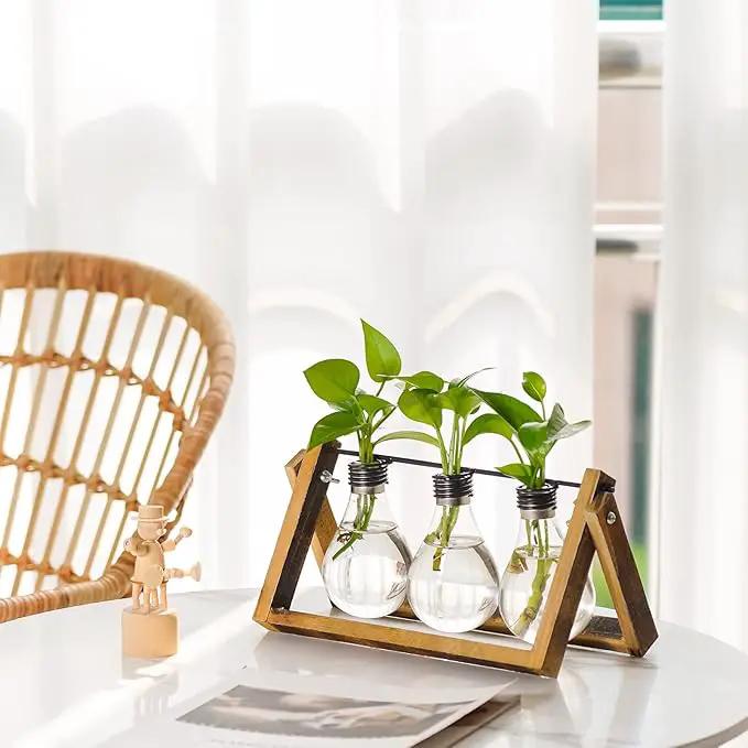 Marbrasse Plant Propagation Stations with Wooden Stand, Desktop Plant Terrarium Holder Bulb Vase, Glass Vase Container with Metal Swivel Holder for Hydroponics of Home Garden Office Decor Lover Gifts by GreenHaven Gardens
