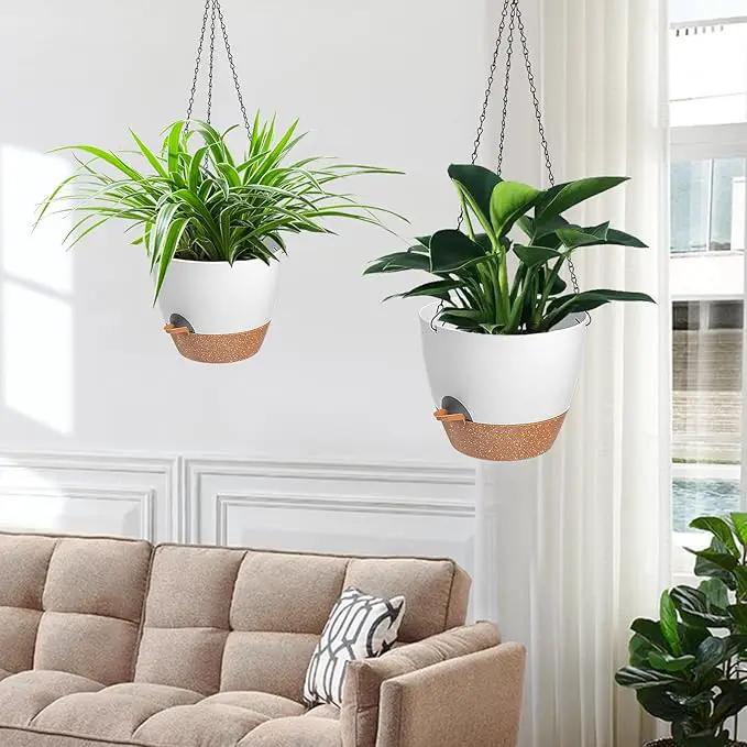 3 Pack Hanging Planter Indoor Outdoor Flower Pots 7/6.5/5 Inch, Self-Watering Hanging Pot with Drainage Holes Hanging Baskets Holder Plant Pots for Garden (White) by GreenHaven Gardens