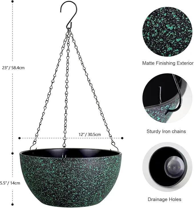 12 inch Large Hanging Planters for Indoor Outdoor Plants, 2 Pack Hanging Flower Pots with Drainage Holes and Chain, Plastic Hanging Baskets for House Plants, Black with Green Speckles by GreenHaven Gardens