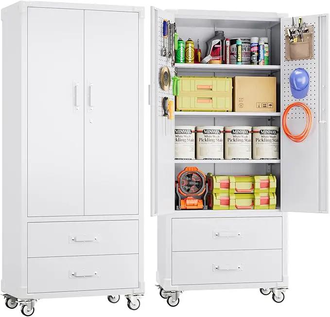 Upgraded Metal Garage Storage Cabinet with Wheels and 2 Drawers, Rolling Tool Cabinet with 3 Shelves and Pegboard Behind The Door for Home Office Garage,Assembly Required,White by GreenHaven Gardens