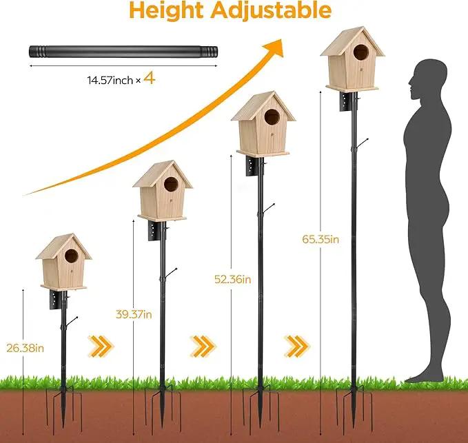 Bird House Pole Kit, Heavy-Duty Adjustable Pole for Outdoors with 5 Prongs Base,Metal Universal Support Pole for Bird Feeders,Solar Pannel,Black by GreenHaven Gardens