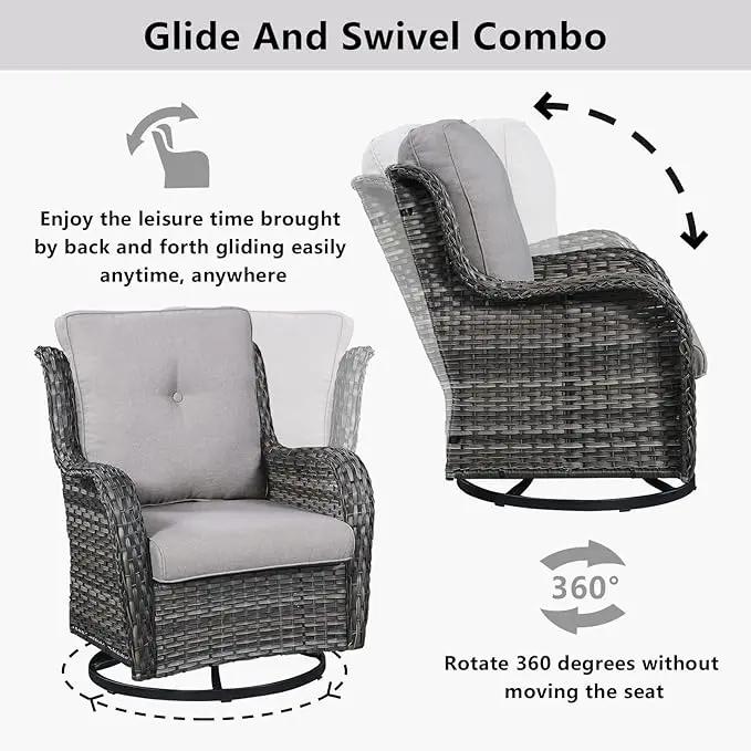 Wicker Outdoor Furniture Patio Furniture Set - 6 Piece Patio Conversation Set with Swivel Rocker Chairs, Loveseat Sofa, Ottomans and Coffee Table, Gray Cushion by GreenHaven Gardens