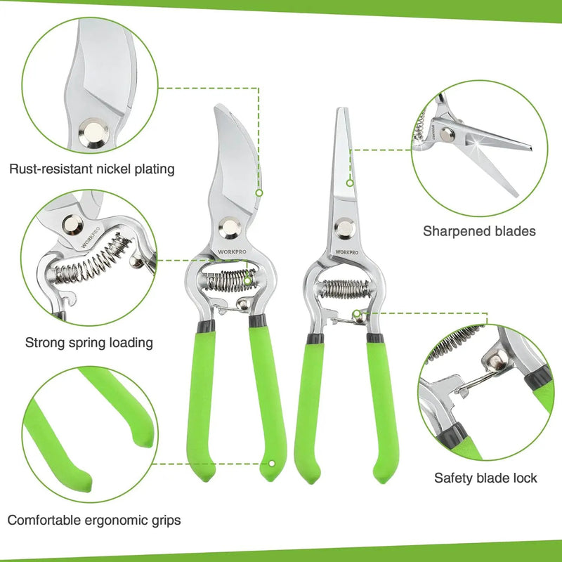 WORKPRO 2-Piece Pruning Shears and Garden Tool Belt Set, Gardening Belt with 5 Pockets and Adjustable Waist Belt, 8" Bypass Garden Shears and 8'' Handing Pruner with Steel Straight Blade by GreenHaven Gardens