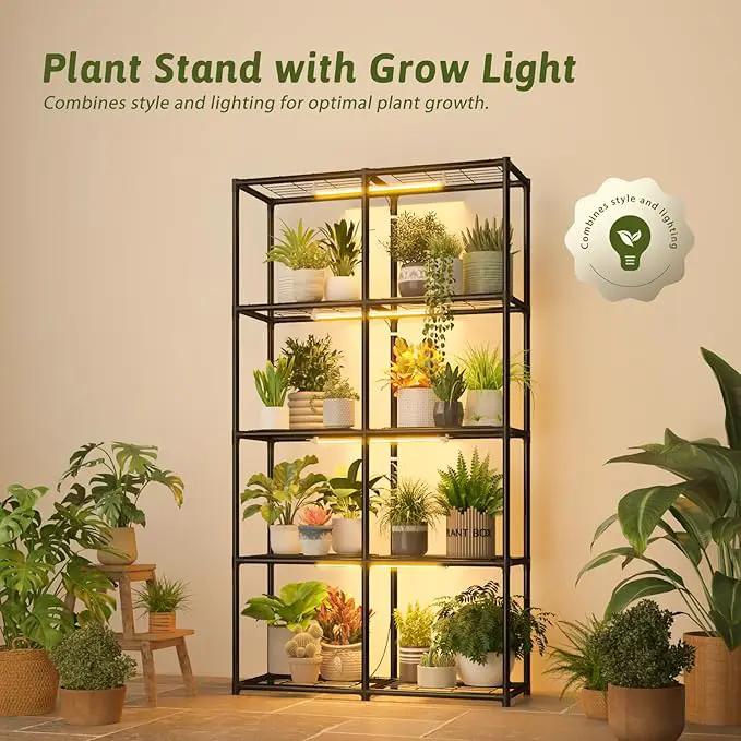 Plant Stand With Grow Light Indoor Outdoor Tall Wide Plant Shelf Metal Waterproof Black Plant Rack for Multiple Plant Holder Flower Pot Table 5 Tiers by GreenHaven Gardens