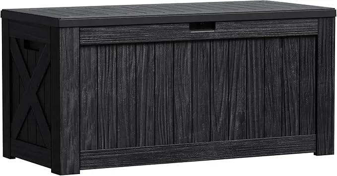 Greesum 120 Gallon Outdoor Storage Box with Lock - Large Resin Deck Box, Reinforced Lid for Garden, Patio, Lawn, Black by GreenHaven Gardens