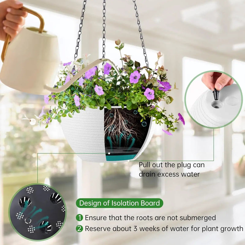 Hanging Planters for Indoor Outdoor Plants, Set of 2 Self Watering Hanging Pots with Drainage Hole & Plug and 20" Chain & Hooks by GreenHaven Gardens