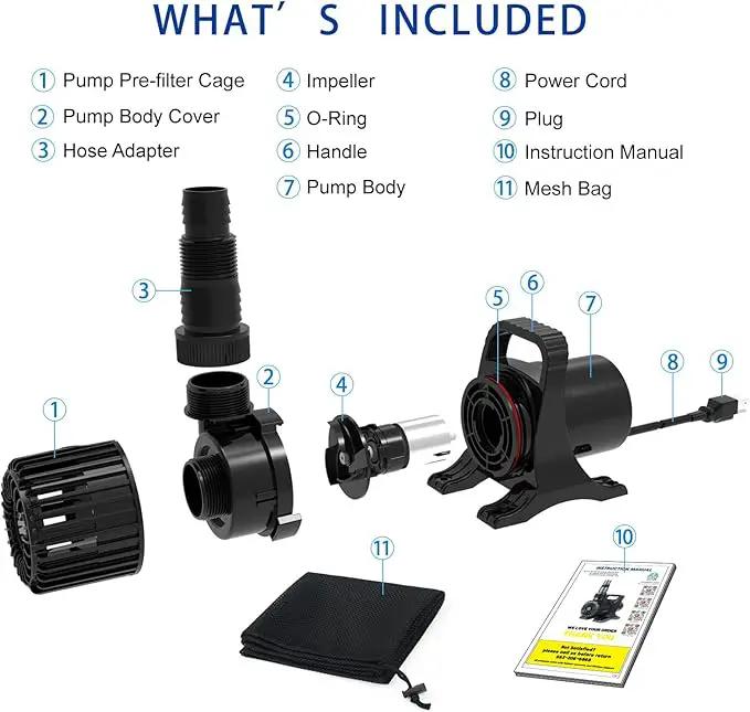 Outdoor Extra Large 13800gph-1100W 32.8FT Pond Water-fall & Kio Fish Fountain-s& Garden Pump Submersible IPX8:Long 32.8FT Cord Smart-er&Quieter Duck&Yard&Patio Ponds Pumps,1 Barrier Pump Bag by GreenHaven Gardens