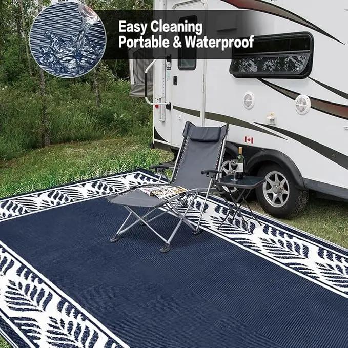 Outdoor Plastic Straw Rug, Waterproof Mat, Washable Large Floor Mat and Rug for Outdoors, RV, Beach, Patio, Camping, Backyard, Deck, Picnic, Outside (Olive-Leaf/Dark Blue&White,9x12ft) by GreenHaven Gardens