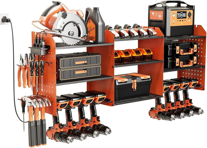 Power Tool Organizer with Charging Station Wall Mount, 3 Layer Expanded Heavy Duty Garage Organization, 45.5 Inch Length Garage Tool Storage, 8 Drills, 2 Assemble Method, Orange by GreenHaven Gardens