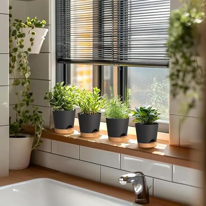 4 inch Self Watering Pots for Indoor Outdoor Plants, 6 Pack Plastic Flower Planters with Drainage Holes and Removable Saucers, Plant Pots with Wicking Rope, Modern Decor, Black Brown by GreenHaven Gardens