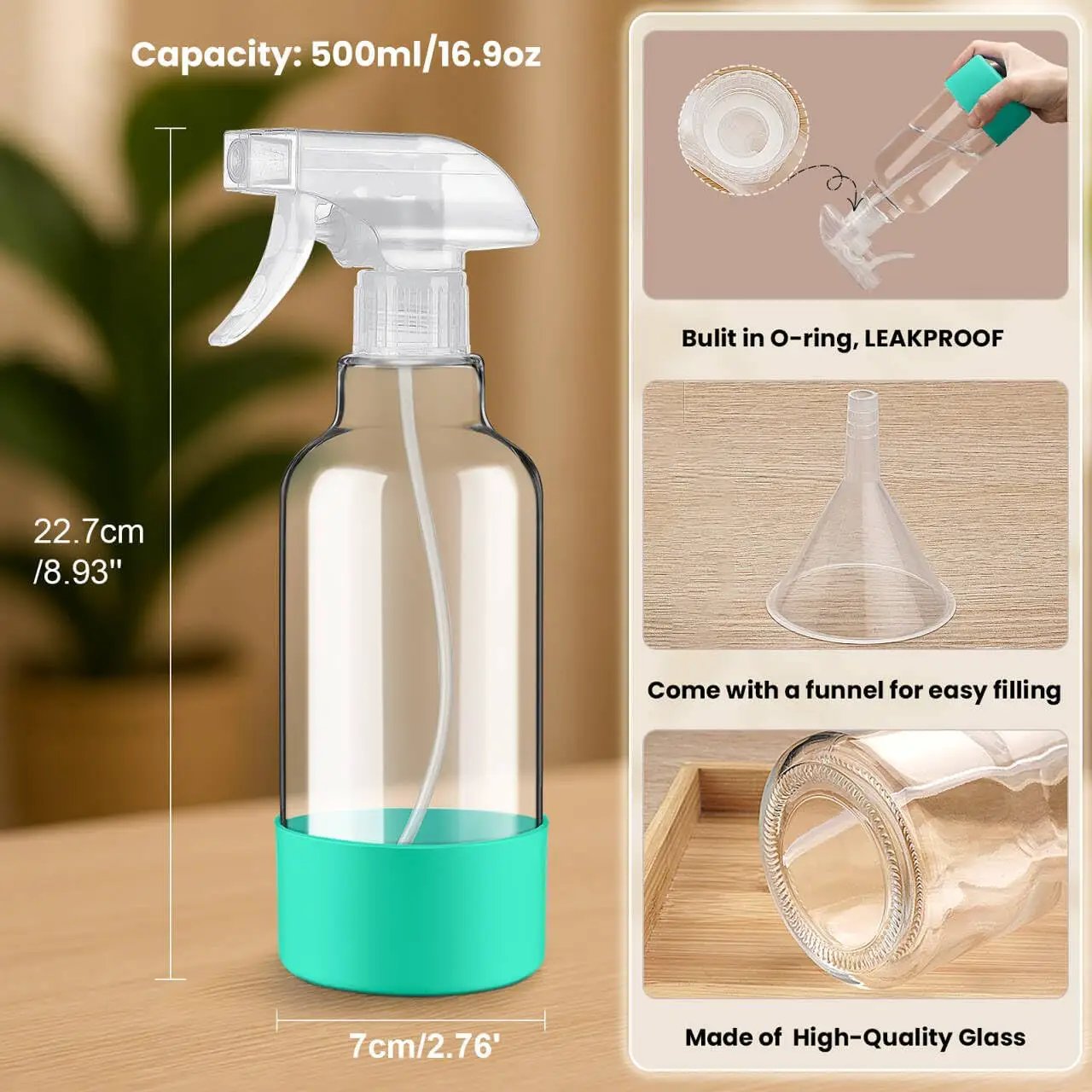 Glass Spray Bottles with Silicone Sleeve 16.9oz 2 Pack Empty Spray Bottle for Hair Mist/Stream Spraying for Cleaning Solutions, Plants, Essential Oils (clear-qblue&green) by GreenHaven Gardens