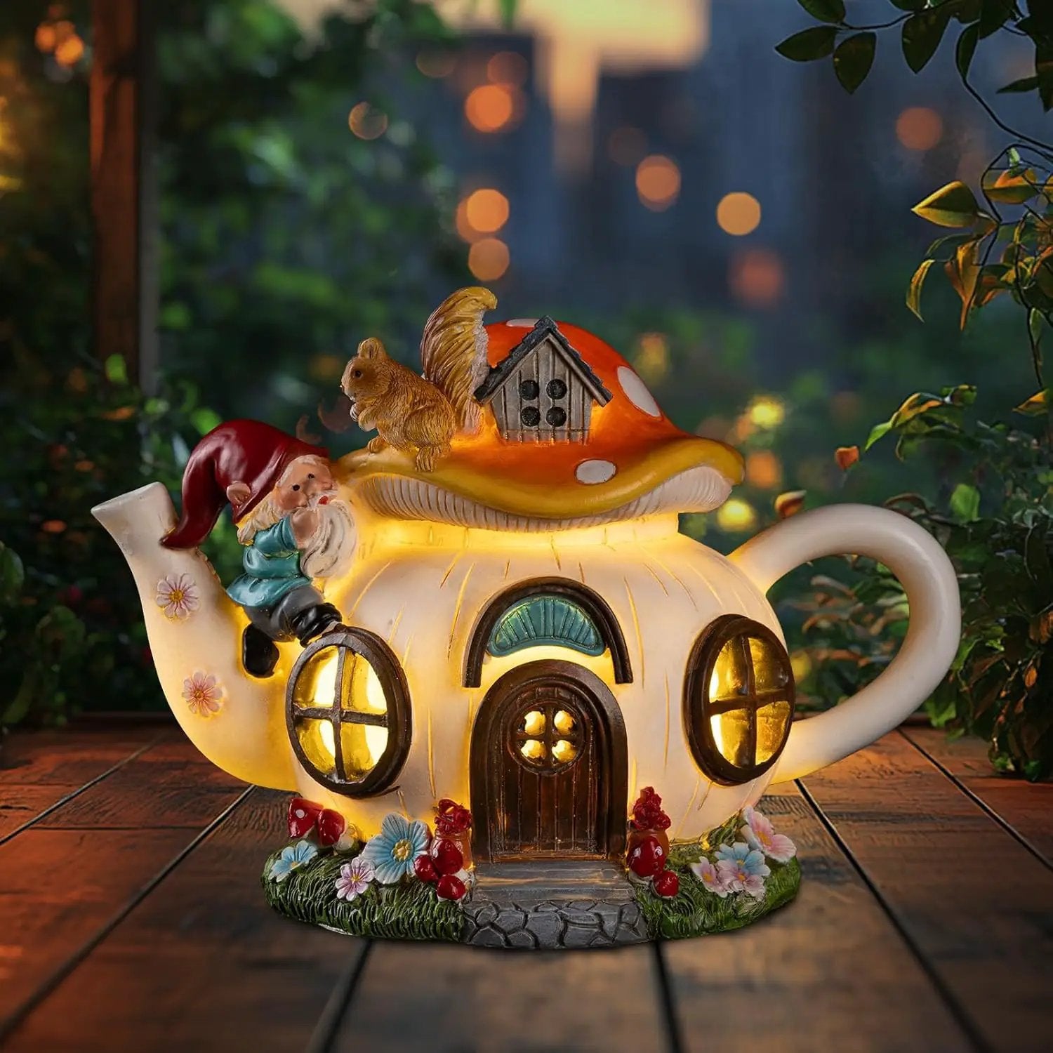 Mushroom Fairy House Garden Decor Solar Light – Outdoor Gnome Statue with Squirrel, Resin Teapot Decorative Figurine for Patio, Lawn, Yard & Balcony, for Women, Mom, and Home by GreenHaven Gardens