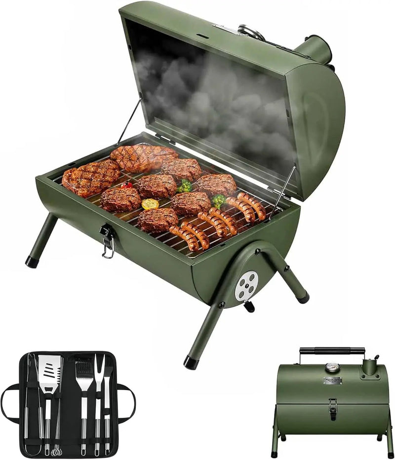 MAISON HUIS Adjustable Portable Charcoal Grill Multi-functional Metal Small BBQ Smoker with 9-Piece Stainless Steel Grill Tool Set for Outdoor Hiking Picnic (Green Kit) by GreenHaven Gardens