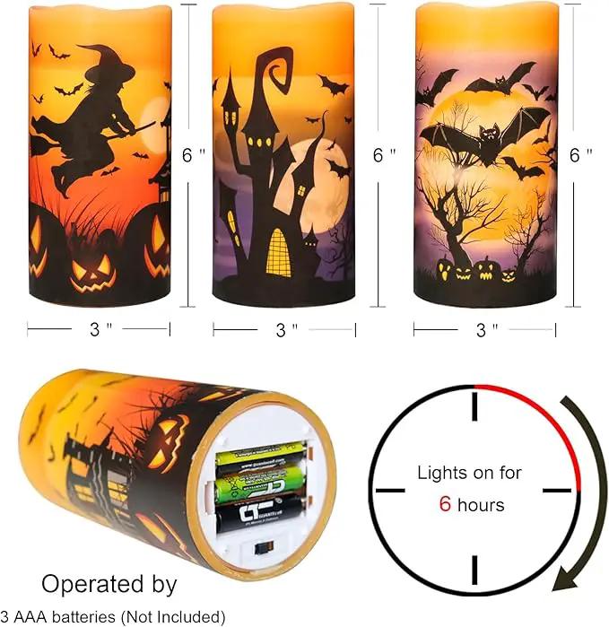 Halloween Real Wax LED Flameless Flickering Candles with 6H Timer, 3 Pcs Pillar Battery Operated Candle Sticks with Halloween Decal for Home Decor(3”x6”) by GreenHaven Gardens