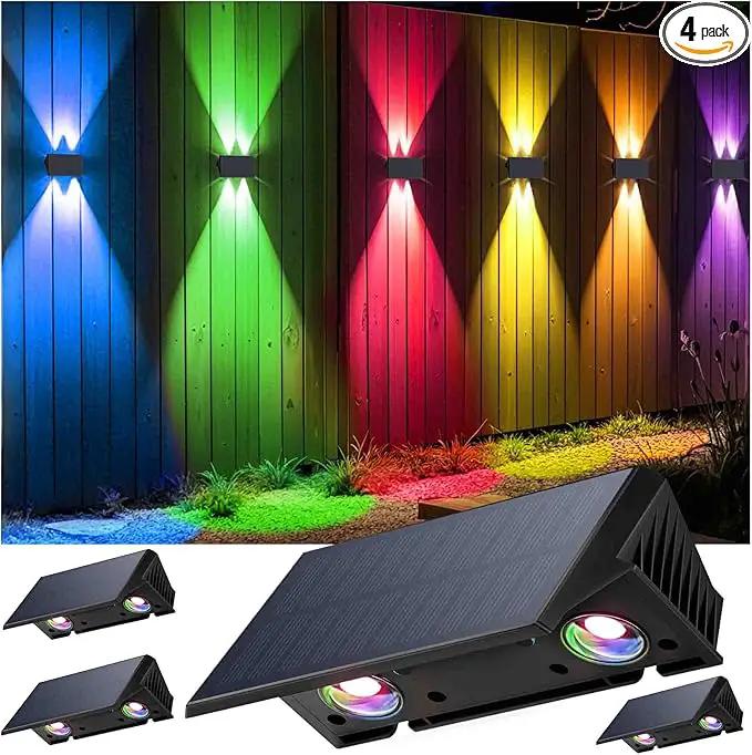Fence Lights Solar Powered, 4-Pack Solar Fence Lights Up/Down Flexible Buttons, IP67 Waterproof for Outdoor, 120LM Bright, Auto Dusk to Dawn for Wall/Stairs/Yard/Railing/Deck/Pathway (White & RGB) by GreenHaven Gardens