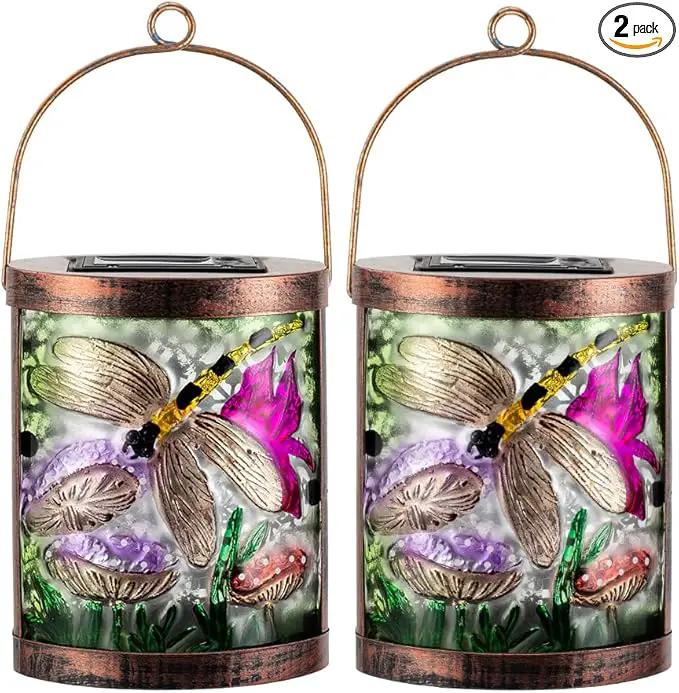 Starsoul 2 Pack Hanging Solar Lantern Outdoor Waterproof Glass Dragonfly Decorative Solar Lights for Outside Garden Yard Table Patio Decor by GreenHaven Gardens