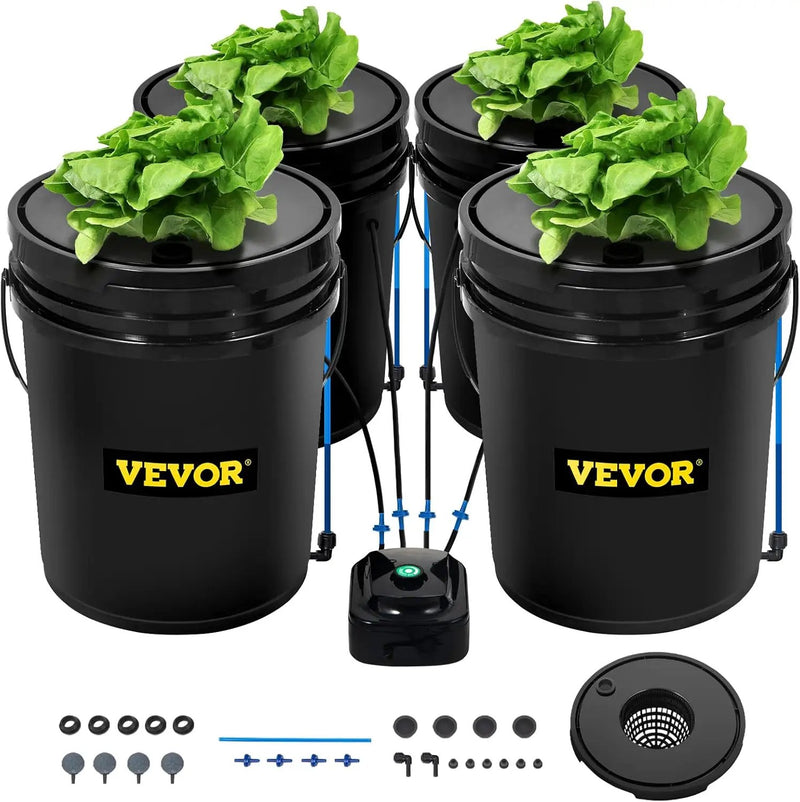 VEVOR DWC Hydroponic System, 5 Gallon 4 Buckets, Deep Water Culture Growing Bucket, Hydroponics Grow Kit with Pump, Air Stone and Water Level Device, for Indoor/Outdoor Leafy Vegetables by GreenHaven Gardens