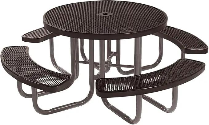 Heavy-Duty Portable Outdoor Picnic Table with Umbrella Hole, Punched Steel Commercial-Grade Patio Furniture Made in America (46" Round Top, Brown with Brown Frames) by GreenHaven Gardens