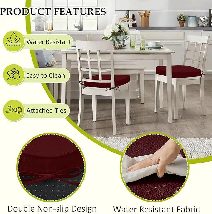 Chair Cushions for Dining Chairs, Indoor Chair Cushions with Ties，Waterproof Chair Pads Set of 4, Burgundy, 17x16x2.5 Inch by GreenHaven Gardens