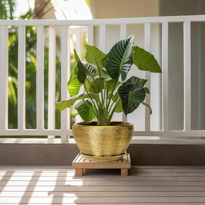 Ceramic Planter 11 Inch - Indoor Plant Pot with Drainage Hole and Saucer Large Planter for Outdoor Plants Mid-Century Decorative Flower Pot for Home Decor Gold by GreenHaven Gardens