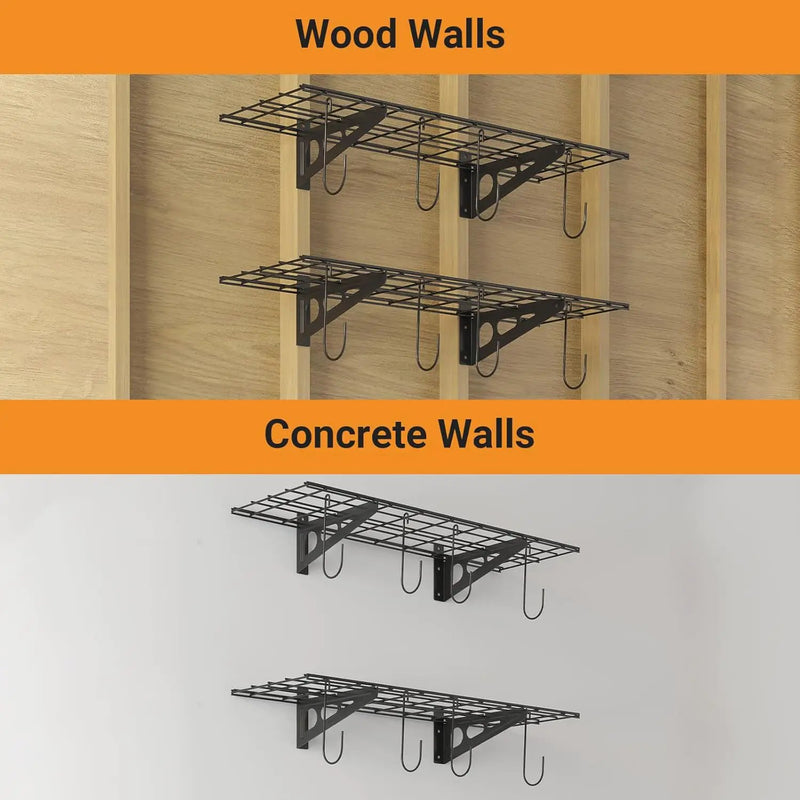 1x3 ft Garage Shelving with 8 Bike Hooks, 2-Pack Wall-Mounted Shelves for Garage, Kitchen, Pantry Storage, 300 lbs Total Load Capacity Garage Wall Shelving, Black by GreenHaven Gardens