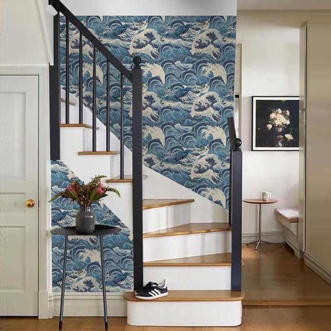 Hand Drawn Blue Sea Wave Reef Peel and Stick Wallpaper Self Adhesive Removable Easy Peel Off Stick on Wall Paper for Bedroom Cabinet Renter Friendly by GreenHaven Gardens