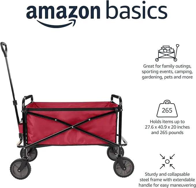 Amazon Basics Collapsible Folding Heavy Duty Utility Wagon for Outdoor Sports, 265 pounds Weight Capacity, Camping, Garden, and Shopping, 27.6 x 40.9 x 20 inches, Red by GreenHaven Gardens