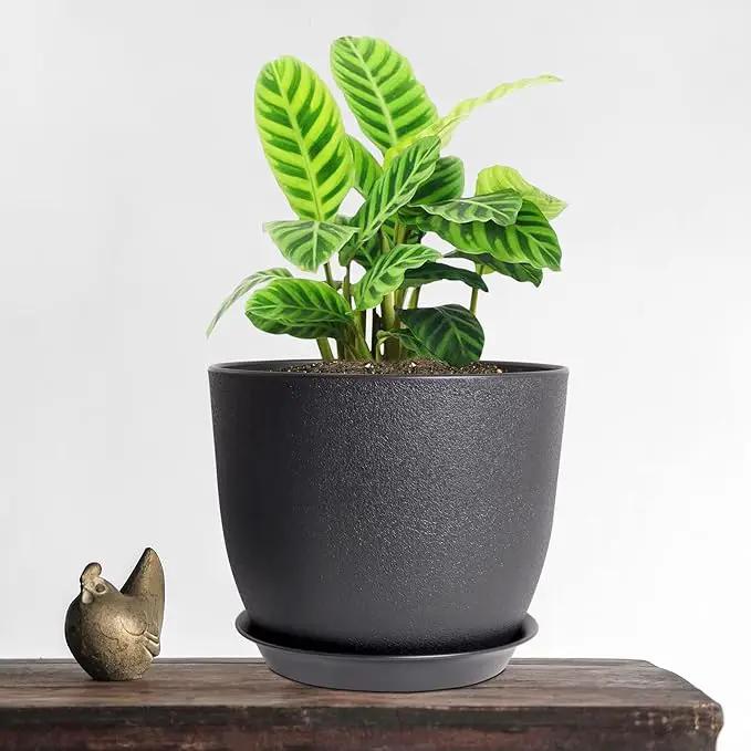 12/10/9 Large Modern Plant Pots, Plastic Planters with Drainage Holes and Saucers for Indoor Outdoor Plants Flowers, Black by GreenHaven Gardens