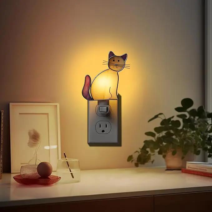 KY&BOSAM Cat Night Light Stained Glass Yellow Plug in Nightlight Decorative Wall Night Lights 7 Watt Bulb Accent Lite Night Memorial Gifts Pet Lost Sympathy Thoughtful Dogs and Cats Remembrance Decor by GreenHaven Gardens