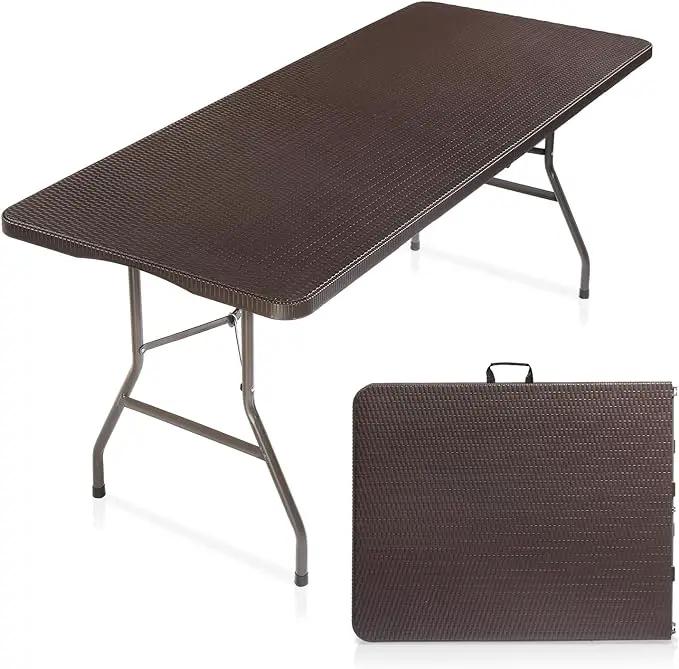 VINGLI 6 Foot Plastic Folding Table Portable Long Table for Indoor Outdoor Use Rectangular with Carrying Handle,Rattan Patterned HDPE Tabletop, Brown by GreenHaven Gardens