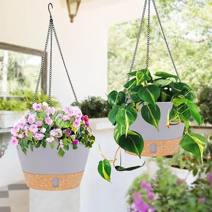 QCQHDU 2 Pack 8 inch Hanging Planters for Indoor Plants, Outdoor Hanging Baskets, Self Watering Pots with Drainage Holes & Removable Tray (Light Grey, 8 inch) by GreenHaven Gardens