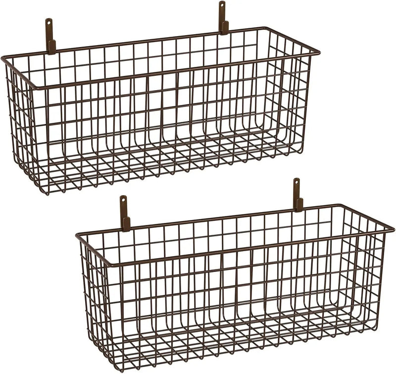 2 Sets Extra Large Hanging Wall Basket, Brown Metal Wire Baskets with Steel Hooks for Organizing, WallmountedFruit Vegetable Toy Snack Storage, Home Kitchen Bathroom Laundry Pantry Organizer by GreenHaven Gardens