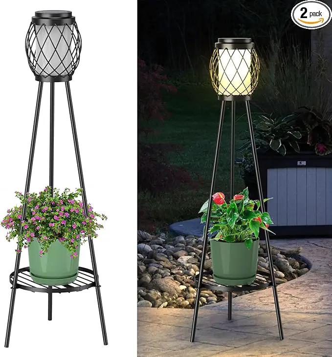 Solar Lights Outdoor with Plant Stands 2 Pack, Solar Floor Lamp Metal Tripod Patio Lights for Garden Yard Pathway Driveway Front/Back Porch Decoration by GreenHaven Gardens