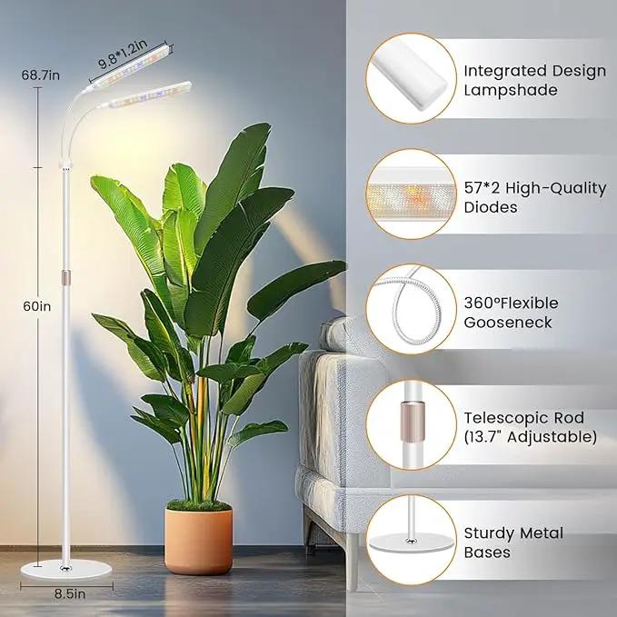 Grow Lights for Indoor Plants with Stand, 2-Heads Full Specturm Plant Grow Light with 4/8/12/16H Timer, 3 Color Modes, 360° Flexible Gooseneck, 24-68.7in Hight Adjustable Plant Growing Lamp by GreenHaven Gardens
