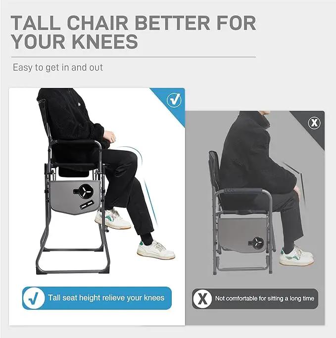 EVER ADVANCED 2 Piece Portable 30.7" Seat Height Tall Folding Camping Chair Directors Chair High with Side Table for Makeup Artist, Sports Event, Craft Show, Supports 350LBS Black Grey by GreenHaven Gardens