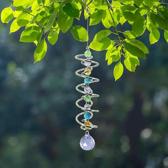 FONMY Gazing Ball Spiral Tail -Decorative Wind Spinner Sun Catcher Rainbow Maker Double-Spiral W/Purple Crystal Ball and Chain Crystals for Indoor Outdoor Garden Decoration -14 inch Height by GreenHaven Gardens