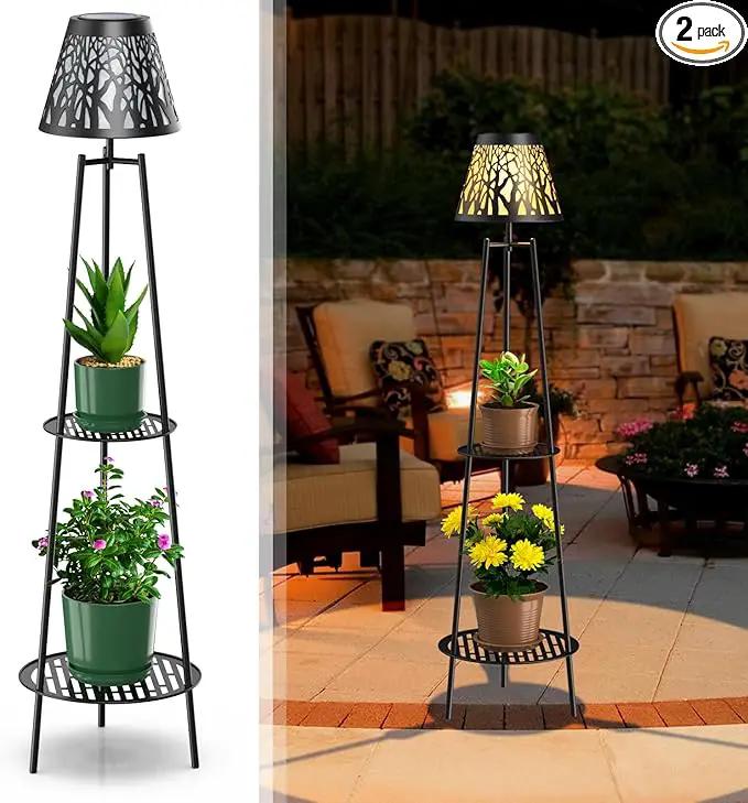 2 Pack Metal Solar Floor Lights Outdoor with Plant Stands, 45.5'' Solar Powered Street Lights, for Garden Yard Pathway Driveway Porch by GreenHaven Gardens