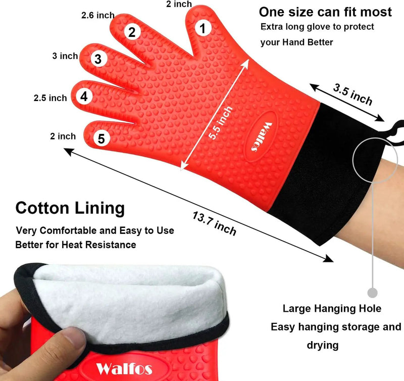 Walfos Silicone BBQ Gloves - Heat Resistant Grilling Gloves, Premium Non-Slip Kitchen Silicone Oven Mitt with Protective Cotton Layer Inside, Waterproof, Great for Grilling, Kitchen and Cooking, Red by GreenHaven Gardens