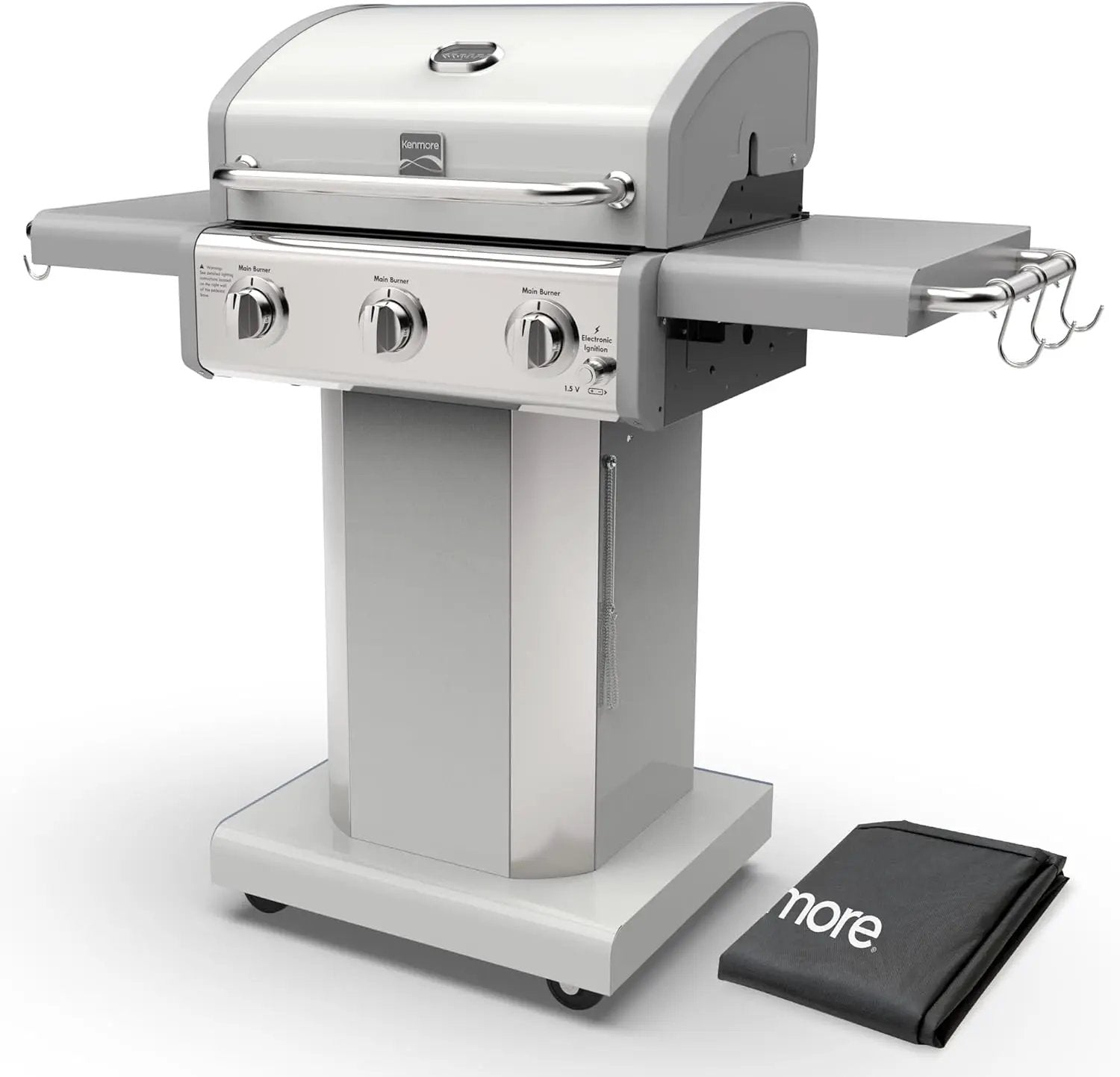 Kenmore 3-Burner Propane BBQ Grill, 30,000 BTUs Gas Grill with Cast Iron Cooking Grates, Folding Side Tables & Wheels, Outdoor Grill with Tool Hooks, Pearl White + Bonus Cover