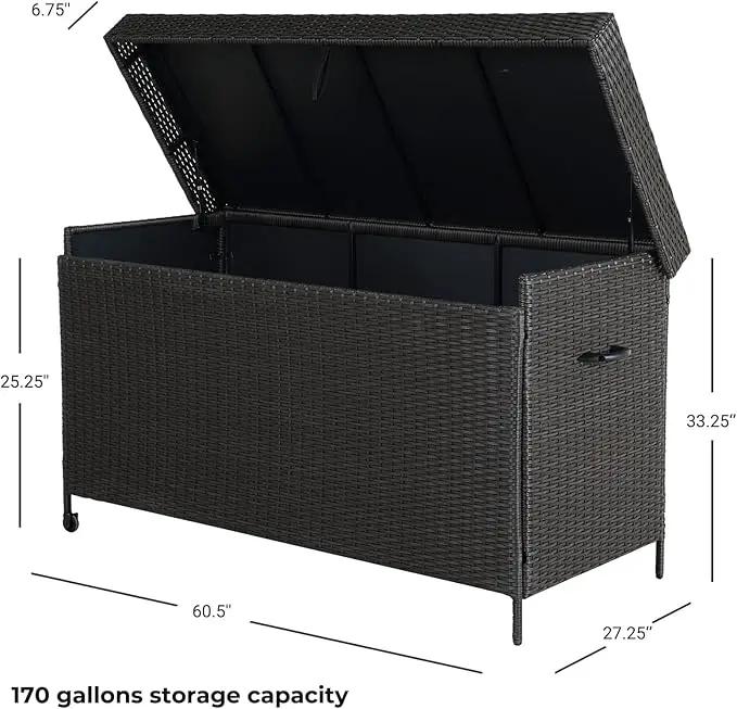 Grand patio 170 Gallon Storage Box, Dark Brown PE Wicker, Minimalist Style, Water Resistant, Flip Top, Smooth Wheels, for Patio Furniture Cushions, Garden Tools, Pool Accessories by GreenHaven Gardens