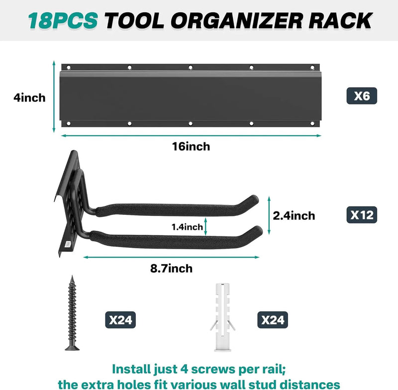 EVERHANGER Garage Tool Storage Organizer, Wall Mount Garden Tool Rack Organization, Heavy Duty Folding Chair Hangers with 12 Adjustable Hooks, Max Load 900lb, 96inch by GreenHaven Gardens