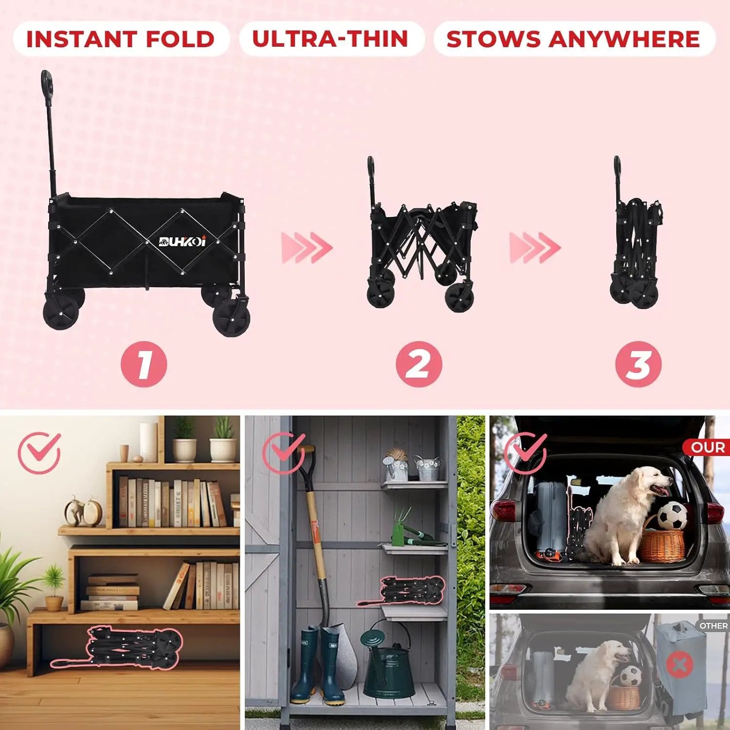 Collapsible Wagon Cart with Wheels Foldable,11 Lbs Lightweight Portable Folding Utility Wagon,90 L Heavy Duty Grocery Shopping Carts,Versatile for Garden Sports Camping Park Outdoor Use by GreenHaven Gardens