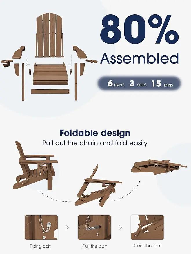 KINGYES Folding Adirondack Chair with Dual Cup Holders - HDPE All-Weather Outdoor Chairs, Brown