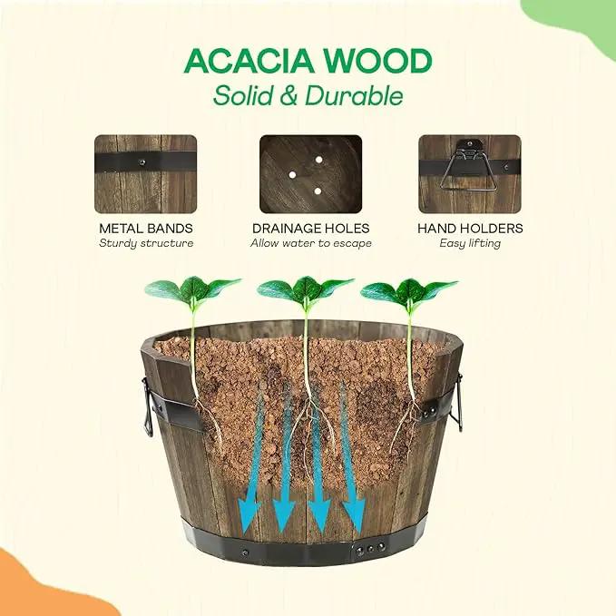 IDZO Set of 3 Wooden Flower Planters for Outdoor Plants, Acacia Wood Barrel Planters, Ergonomic Handles, Drainage Holes, Various Sizes, Walnut by GreenHaven Gardens